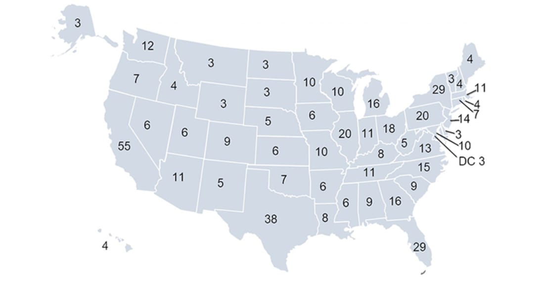 Electoral Votes allocated to Each State Represented on drawing of map