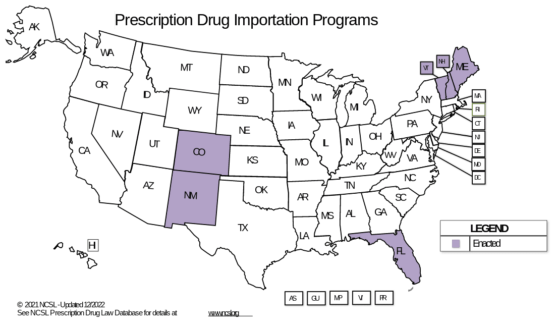 United States and territories map of Prescription Drug Importation Programs