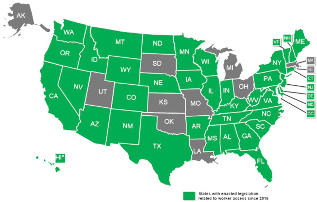 States with enacted legislation related to worker access since 2016