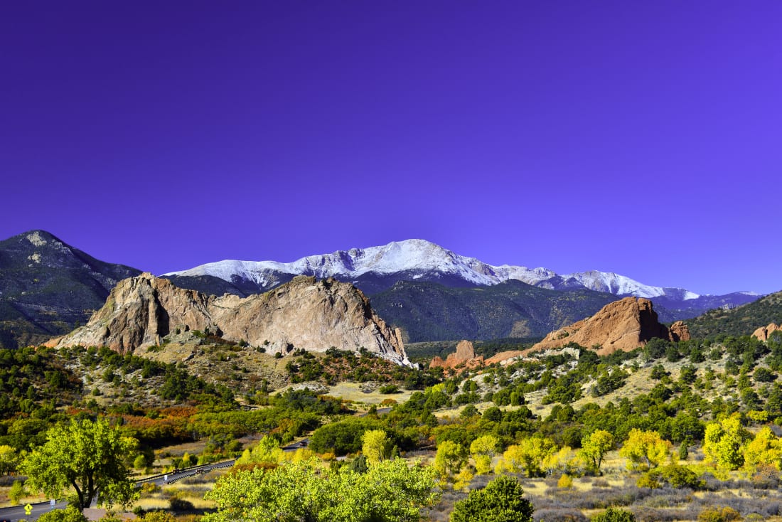 Image of Pikes Peak as seen from the Garden of the Gods park west of Colorado Springs, Colorado.