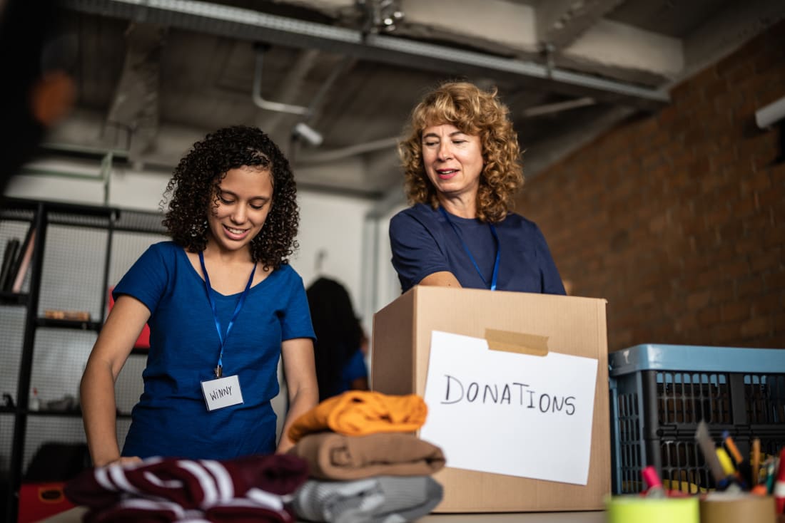 volunteers working at donation center