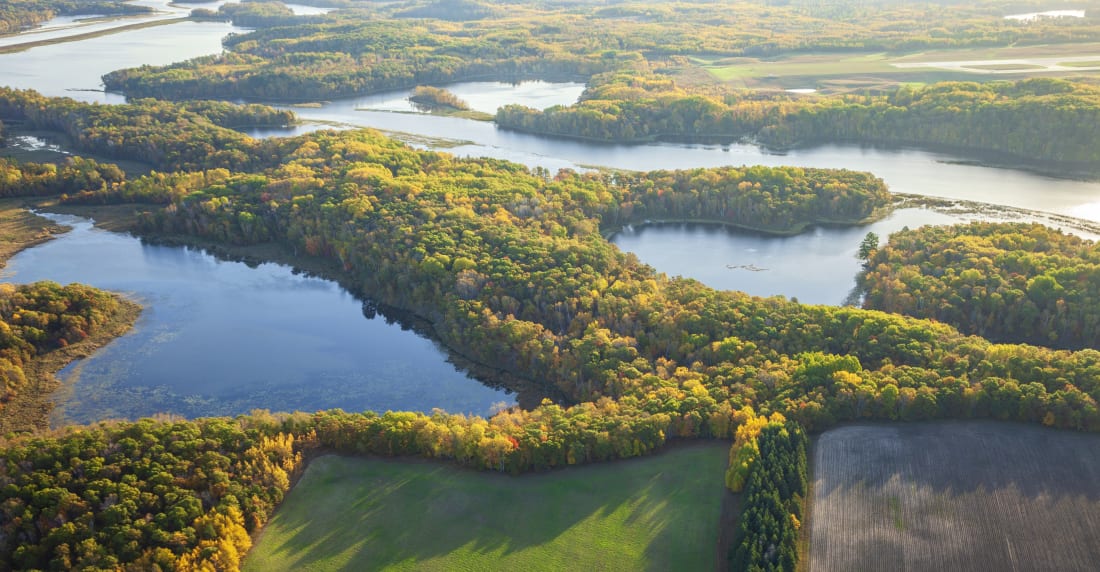 Aerial view of the Mississippi River and farm fields in northern Minnesota