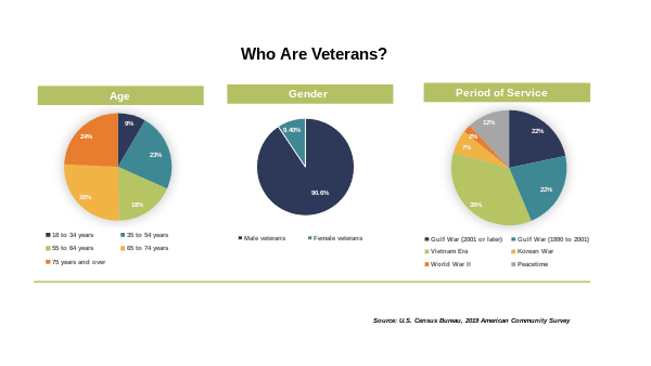 Percentage of veterans by age, gender, period of service