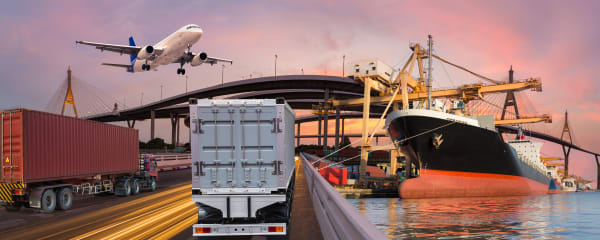 transport and logistic concept by truck, boat, plane