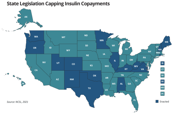 Map showing states with legislation capping insulin copayments