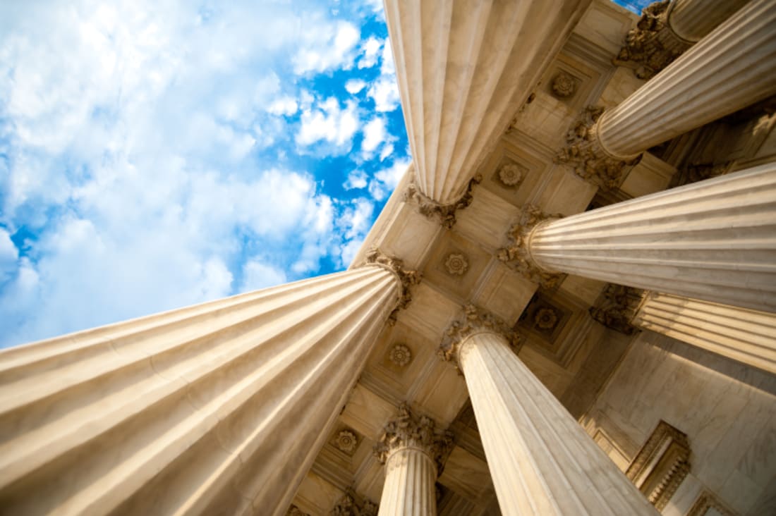 Upward view of columns at U.S. Supreme Court