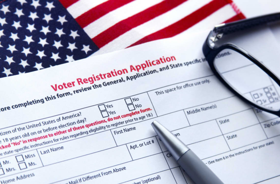 Voter registration application with flag of United States of America