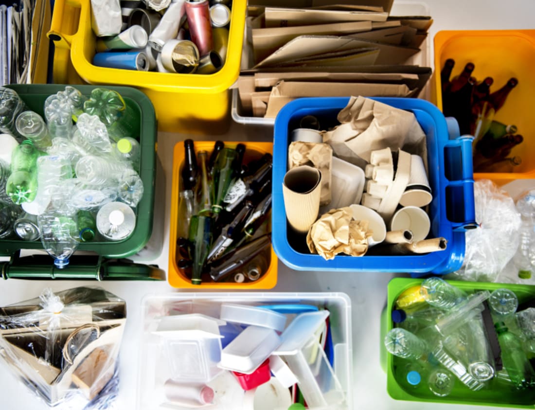 Recyclables sorted into bins by type