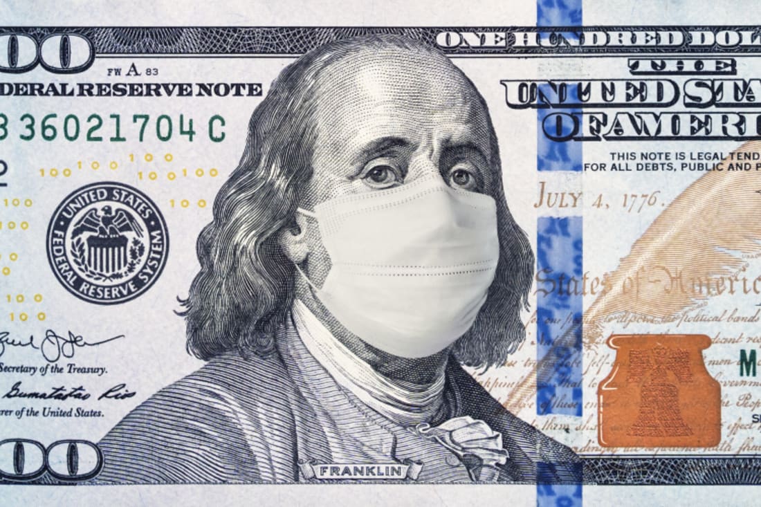 Ben Franklin on the $100 bill wearing a face mask