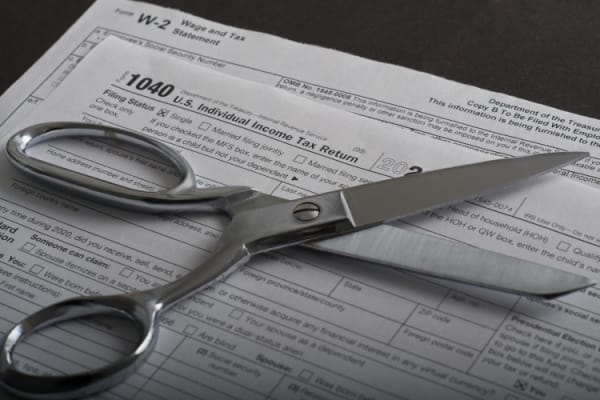 Concept of tax cuts with scissors on top of U.S. Federal Form 1040