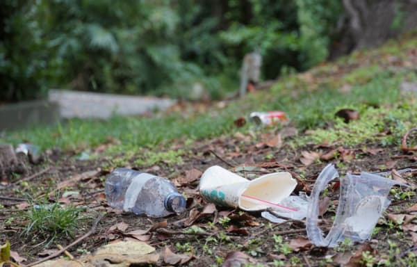 Garbage or litter food containers spread on the ground in a park