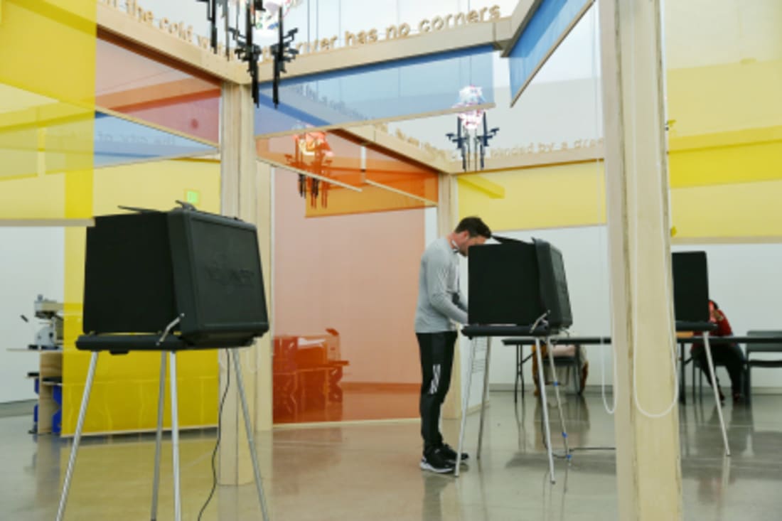 person voting, leaning into voting both