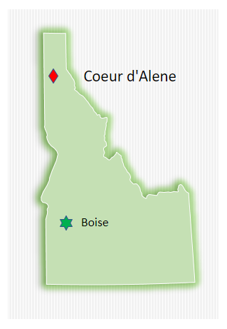 map showing location of Coeur d'Alene Idaho relative to Boise Idaho