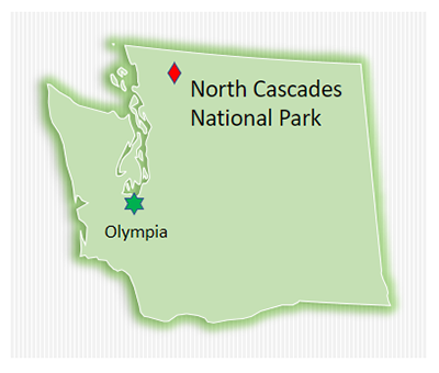 map showing location of North Cascades National Park relative to Olympia, Washington