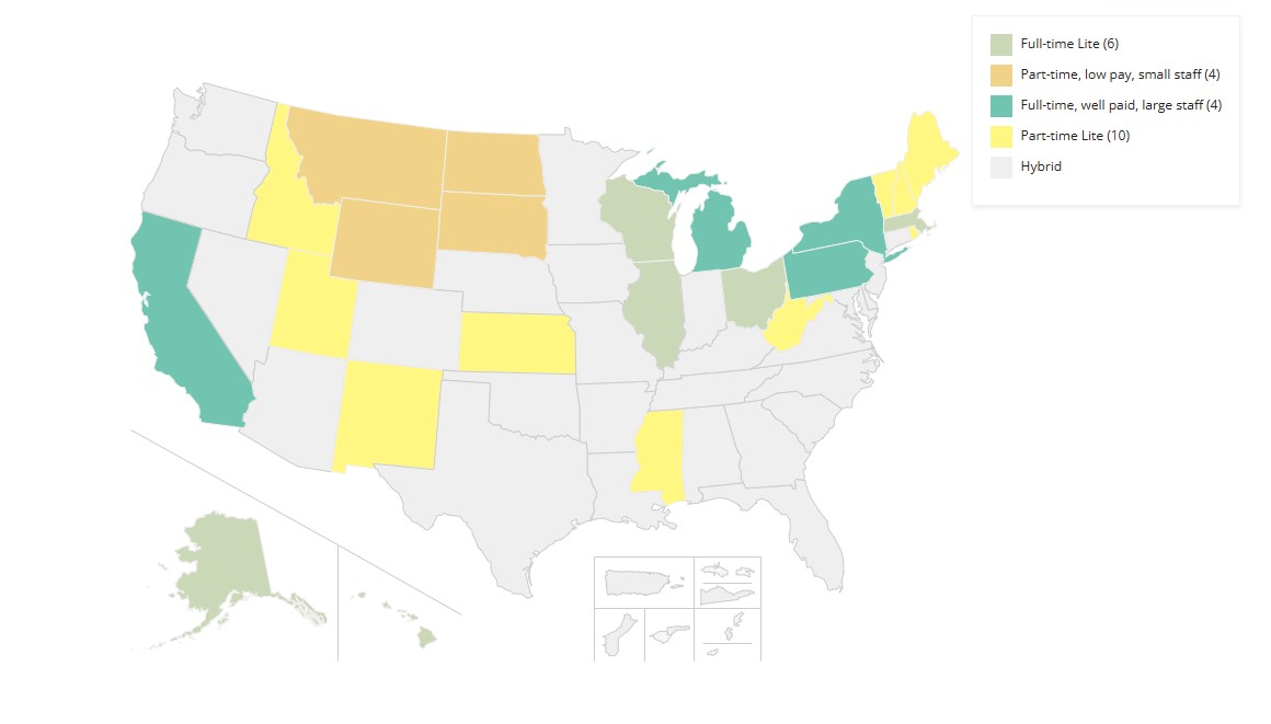 50-state map showing the general type of legislature in each state: full time, part time or hybrid 50-state map showing the general type of legislature in each state: full time, part time or hybrid